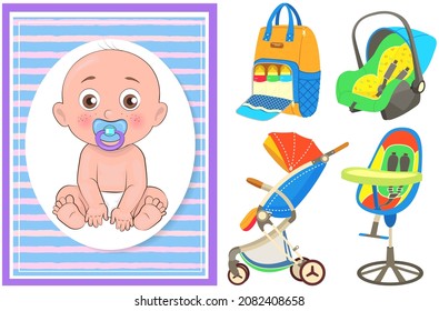 Multinational children, kids playing, baby care objects, newborn items supplies, set of icons. Toys, clothes, devices for transporting, bathing of babies. Babies in diapers crawling, smiling