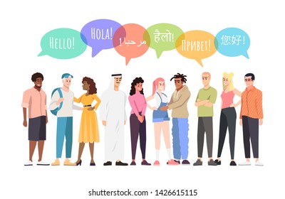 Multinational community communication vector illustration. Young people say hello in different languages, speech bubbles. Multiethnic student society. Caucasian, afro, arabian world representatives
