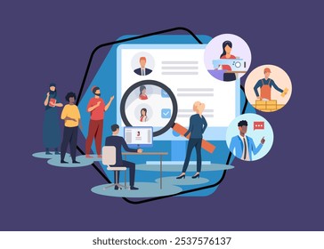 Multinational companies hiring refugees vector illustration. HR with magnifier searching for workers on screen, diverse people working as assistant, builder. Job creation, immigration concept