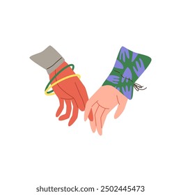 Multinational couple hold hands, touch fingers vector flat illustration. Cartoon romantic human arms gesture emoji icon. Love and friendship concept, sympathy and appreciate sign. Unity partnership