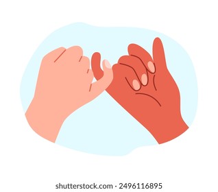 Multinational couple in love hold hands, holding pinkies vector flat illustration. Cartoon romantic human arm gesture emoji icon. Unity and friendship concept, sympathy and appreciate sign