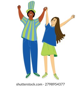 Multinational couple of young people cheerfully raising their hands. Male and female sports fans standing together and holding each others hand. Isolated vector illustration of excited and happy boy and girl wearing team colors clothes and stovepipe hat. sstkSports