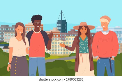 Multinational couples waving hands, gesture, greeting, saying hello. Caucasian girl and african guy embracing, latin woman hugging with blond-haired guy. People at urban city buildings background