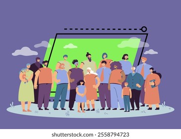 Multinational crowd of people standing together flat vector illustration. Portrait of cartoon diverse young and old men, women and kids. Multicultural society and community concept