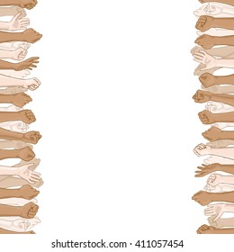 Multinational crowd of people with their hands up. Template of square banner with white space for text. Vector hand drawn frame with people's raised hands. Seamless border