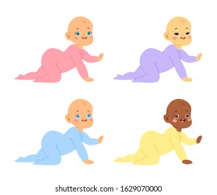 Multinational cute little babies and toddlers in bodysuits in various poses. Different ethnic newborn boys and girls from 0 to a year try to crawl, move on tummy. Vector baby shower illustration