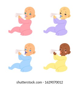 Multinational cute little babies and toddlers in bodysuits in various poses. Different ethnic newborn boys and girls from 0 to a year sitting and holding milk bottles. Vector baby shower illustration