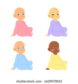 Multinational cute little babies and toddlers in colorful bodysuits in various poses. Different ethnic newborn boys and girls from 0 to a year sitting and smiling. Vector baby shower illustration