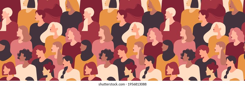 Multinational Different Beauty Women Seamless Pattern. Different Ethnicity Women: African, Asian, Chinese, European, Latin American, Arab. Women's Struggle For Equality.