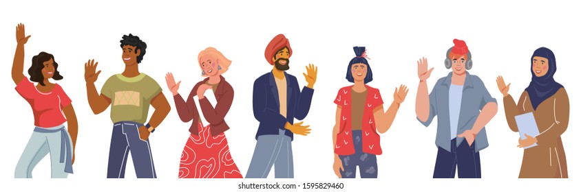 Multinational  diverse young people group with greeting gesture, flat cartoon vector illustration isolated. Men and women characters  multiculturalism and friendship concept.