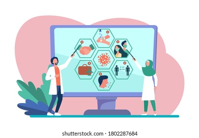 Multinational doctors presenting coronavirus infographics. Scientists, research result, social distance flat vector illustration. Epidemic, virus concept for banner, website design or landing web page