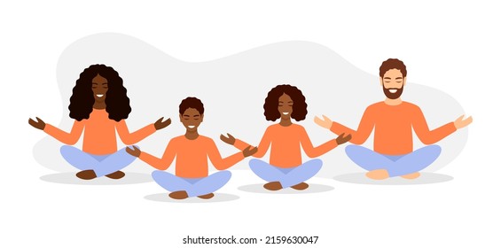 Multinational family in casual clothes meditates together in the lotus position. Vector illustration in flat style