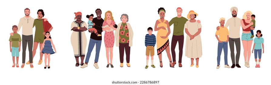 Multinational family. Mixing of ethnic groups, happy people with grandparents and children, national clothing elements relationships and parenthood concept, cartoon flat tidy vector set