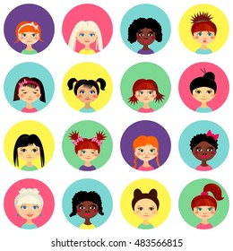 Multinational female face avatar profile heads with multi colored hair. Girls with different hairstyles. Flat design icons isolated on white background. Women close up portraits. Vector illustration