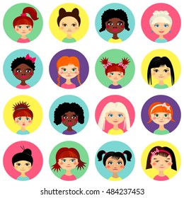 Multinational female face avatar profile heads with multi colored hair. Girls with different hairstyles. Flat design icons isolated on white background. Women close up portraits. Vector illustration