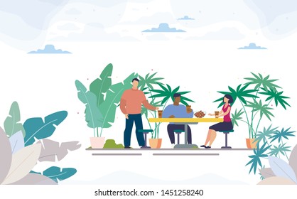 Multinational, Female, Male Office Colleagues on Meal Break, Group of Friends Lunching Together, Drinking Coffee at Table in Street Cafe of Coffee Shop with Outdoor Seats Flat Vector Illustration