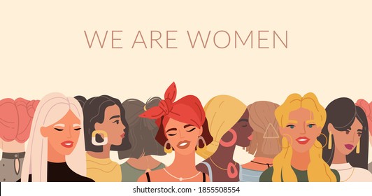 Multinational female portraits. International women day, young ladies different nationalities, feminist horizontal border, variety hairstyles and angles heads, girl power and sisterhood vector concept