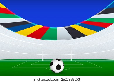 Multinational Football Stadium with Colorful Flag Background. The background showcases a vibrant array of colorful vertical stripes representing various national flags, set against a bold blue sky