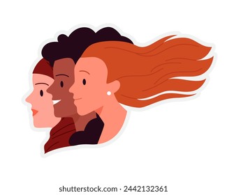 Pegatinas de chicas multinacionales. Movimiento feminista, ilustración vectorial de dibujos animados de poder femenino