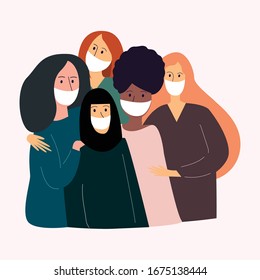 Multinational group of beautiful girls in medical masks. Students, schoolgirls, colleagues. Female friendship, friendly team. Flat vector illustration of respiratory viral infection protection concept