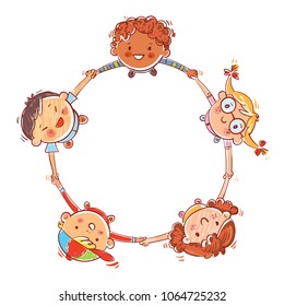 Multinational group of children. Five kids joining hands to form a circle. Hand drawing. Template for advertising brochure. Funny cartoon character. Vector illustration. Isolated on white background