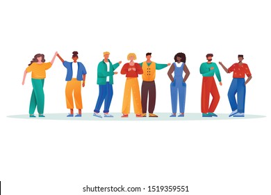 Multinational group flat vector illustration. Multicultural couples and friendship. Men and women together. Social diversity. Multiracial people isolated cartoon characters on white background
