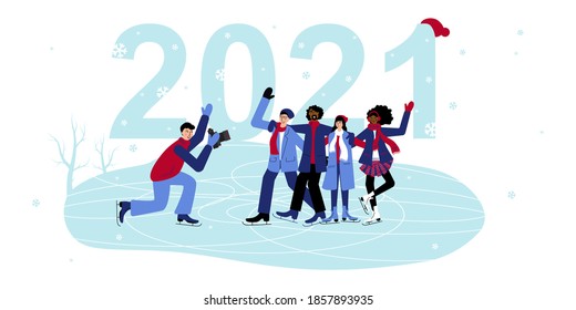 Multinational Group of Friends are Skates on the Ice, takes Photos and Celebrates New 2021 Year. Happy Girls and Boys are Posing. A Photo against 2021