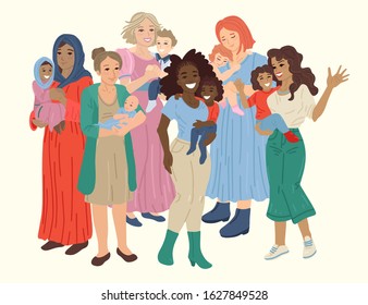 Multinational Group Of Happy Mothers Hold Kids In Arms. Carrying Babies. Diverse Multi Ethnic Women Stand Together With Their Toddlers. Different Moms Characters. Vector Cartoon Illustration