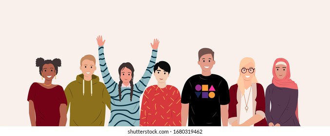 Multinational group of happy people. African, asian, european students. People of different nationalities and religions cartoon style. Cultural diversity. Friendship concept. Flat vector illustration