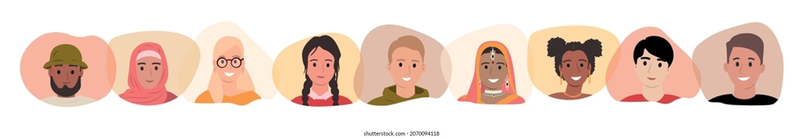 Multinational group of happy people. African, asian, european students. People of different nationalities and religions cartoon style. Cultural diversity. Friendship concept. Flat vector illustration