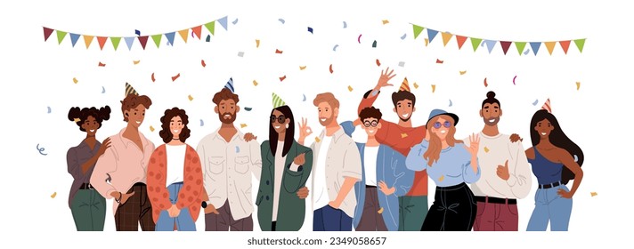 A multinational group of men and women celebrate the event with party hats, confetti and garlands. Festive team of friends, cooperation and colaboration, flat vector cartoon illustration isolated on