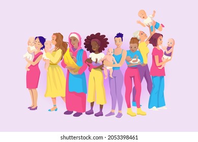 Multinational group of parents. Maternity and babies. Different race, Idian, asian and African American with daughter and son. Vector illustration