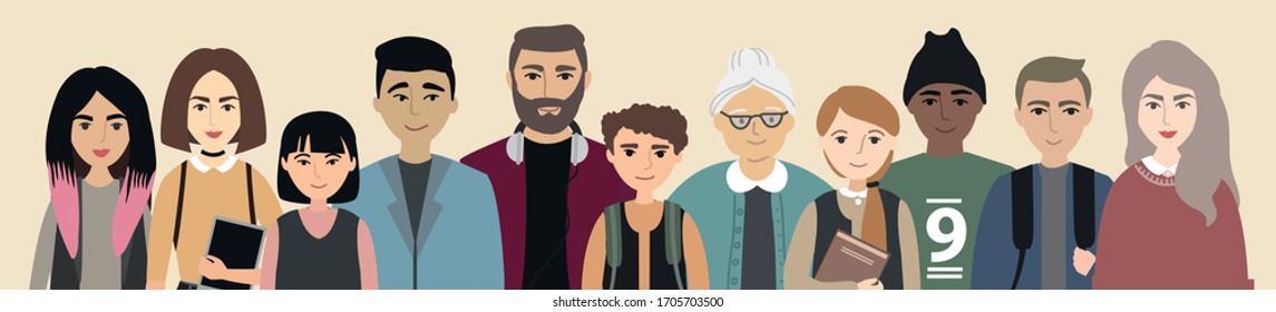 multinational group of people isolated. Elderly and young men, women and kids standing together on horizontal banner. Society or population. Flat stock vector illustration. 
society, social group.