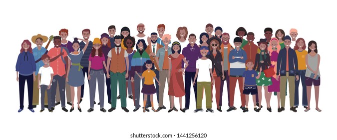 Multinational Group Of People Isolated On White Background. Children, Adults And Teenagers Stand Together. Vector Illustration 