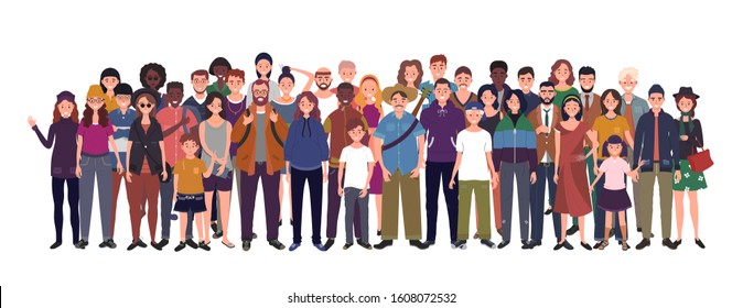 Multinational group of people isolated on white background. Children, adults and teenagers stand together. Vector illustration 