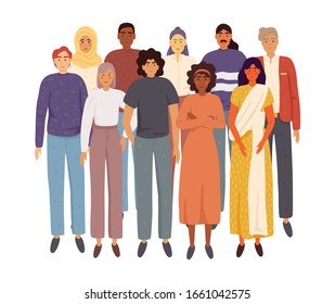 Multinational group of people isolated on white background. Adults  stand together. Vector illustration