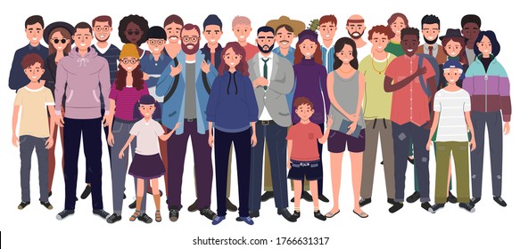 Multinational group of people isolated on white background. Children, adults and teenagers stand together. Vector illustration 