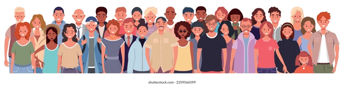 Multinational group of people isolated on white background. Children, adults and teenagers stand together. Vector illustration 
