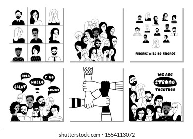 Multinational group of people together vector social media banner templates set. Unity in diversity, equality contour illustrations pack. Multicultural friends characters. Multiethnic men and women