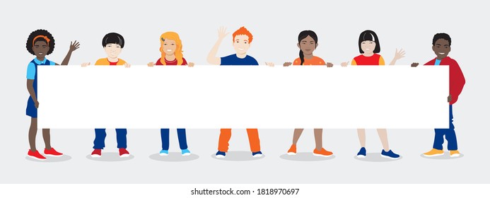 Multinational group of school kids, interracial students, diverse children, girls and boys stand holding together white blank banner, waving hands. Vector flat illustration isolated on grey background