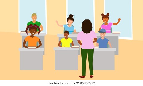 A multinational group of schoolchildren sit at their desks in a classroom with a teacher. Back to school, education concept.