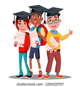 Multinational Group Of Students In Graduation Caps And With Diplomas In Hands Vector. Isolated Illustration
