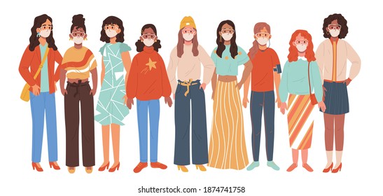 Multinational group of woman in medical mask.  Coronavirus and virus protection concept. Cartoon character flat vector illustration.