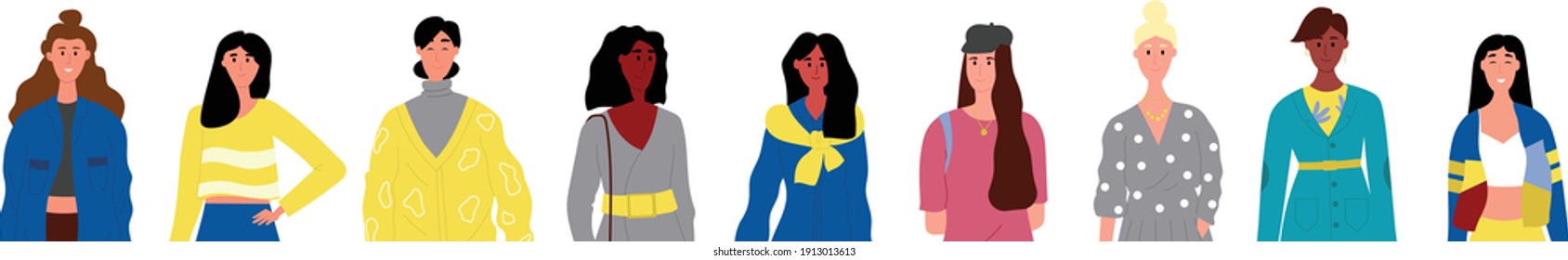 Multinational Group Of Women Isolated. Flat Design Illustration. Vector