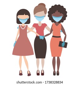 Multinational group of women in medical masks and gloves. Multi-ethnic group of girls. Coronavirus protection. Isolated objects on a white background. Vector illustration in flat cartoon style.