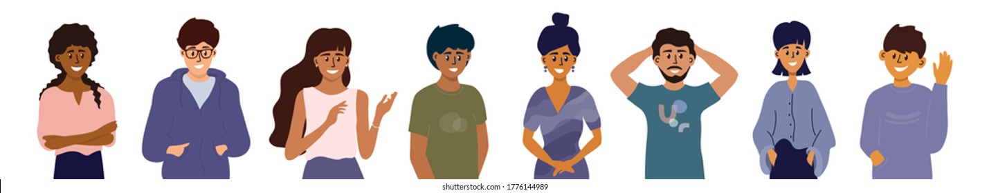 Multinational group of young people diverse gender, cultures and ethnicities. Portraits of multicultural characters isolated in white background. Different gestures. Men and women vector illustration