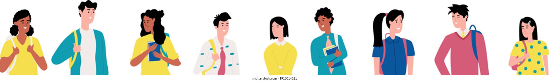 Multinational group of young people isolated. Flat design illustration. Vector
