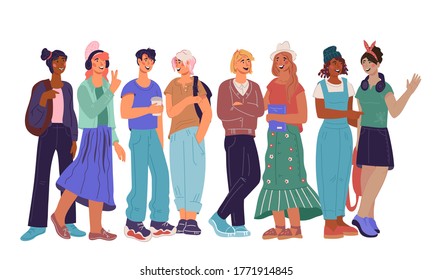 Multinational group of young students boys and girls characters standing together, flat vector illustration isolated on white. University education and the diversity of young people earning a degree.