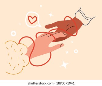 La mano multinacional de la pareja se toca entre sí. Cadena roja de destino o destino de fe. Concepto de una promesa de matrimonio. Hilo de amor eterno para San Valentín de alma gemela. Ilustración de material vectorial.