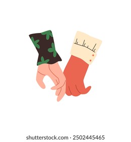 Multinational hand of couple touch each other vector flat illustration. Cartoon romantic human arm gesture emoji icon. Love and friendship concept, sympathy and appreciate sign. Unity partnership